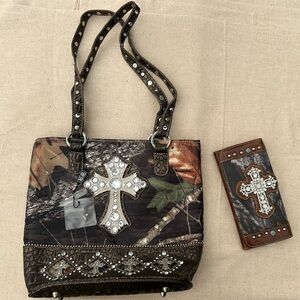 Country Road camouflage bedazzled shoulder handbag with matching wallet